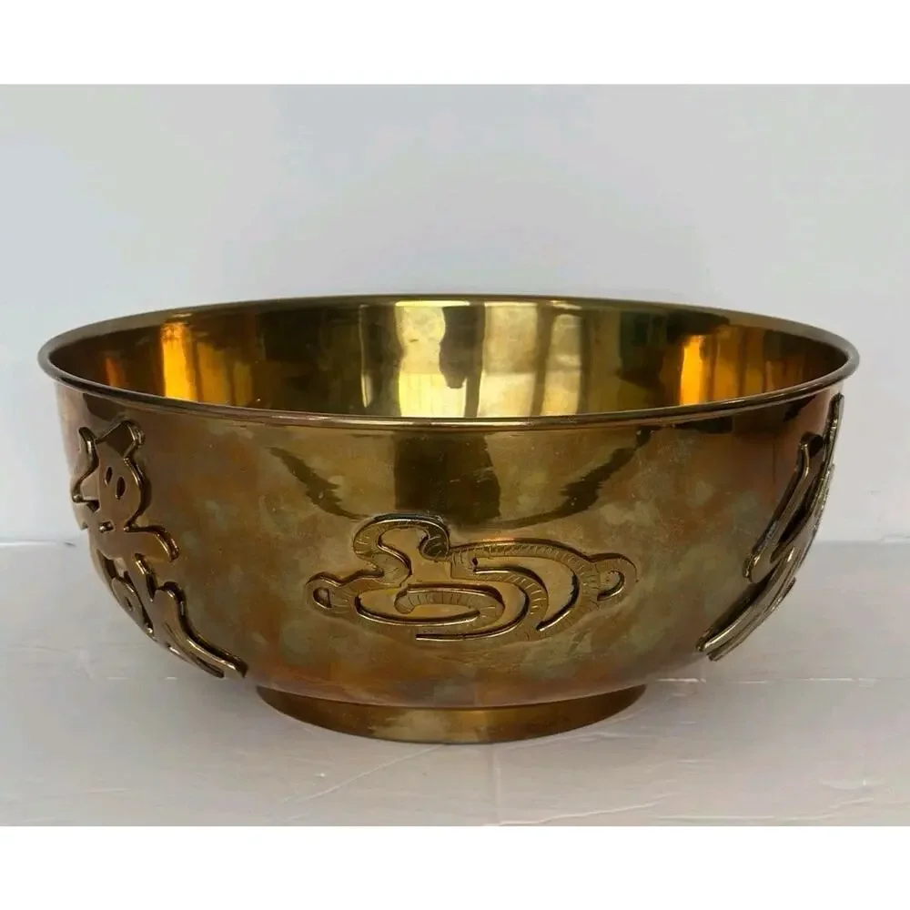 Vtg Chinese Brass Pedestal Bowl Asian Decor Embossed Symbols Footed 12